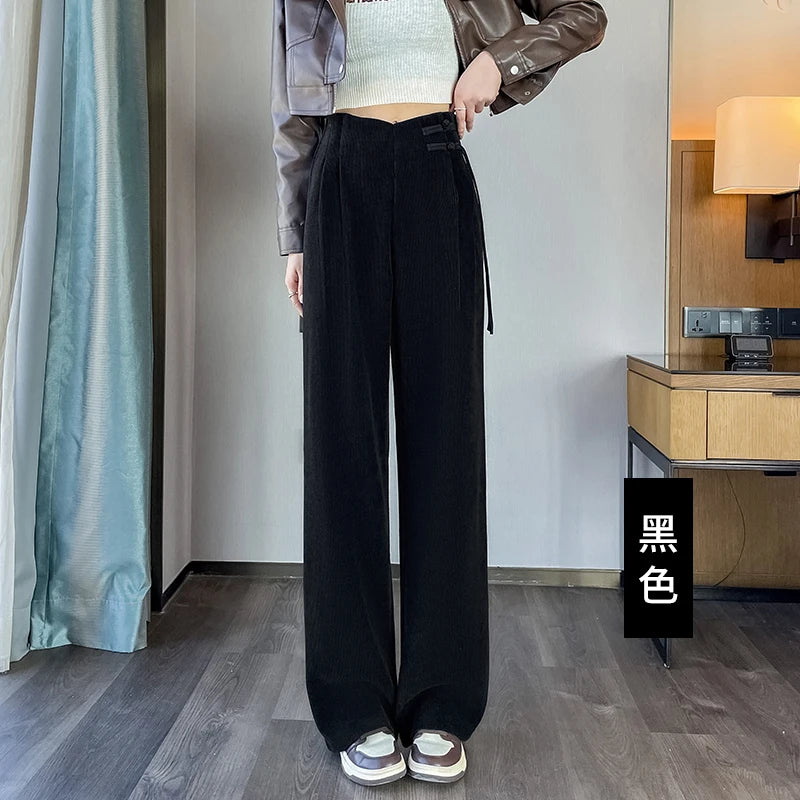 Corduroy pants women autumn and winter new Chinese style buckle casual thick solid color versatile wide leg pants