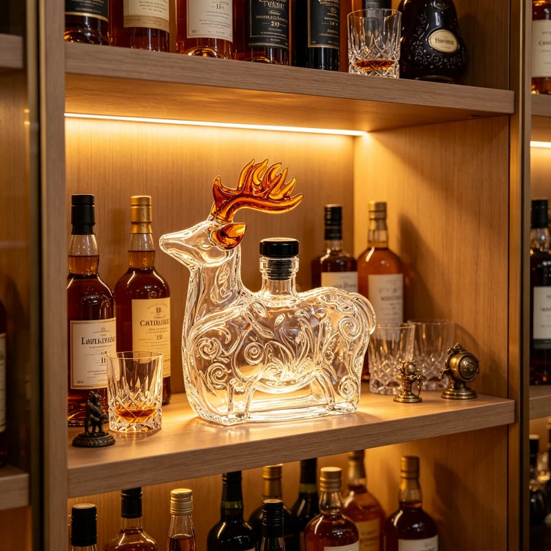 Creative Reindeer Shaped Liquor Decanter Clear Glass Alcohol Bottle with Black Stopper for Bar Cabinet Display