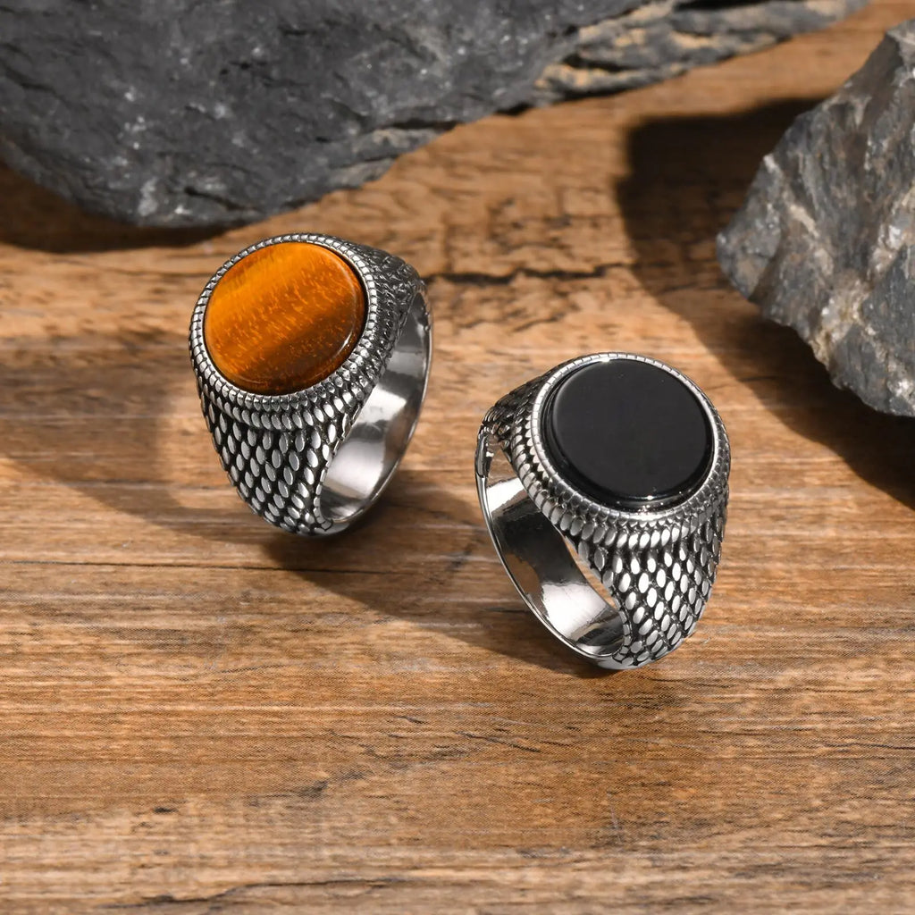 Mens Punk Round Gemstone Rings,Stainless Steel Scales Tiger Eye Ring Signet Ring,Stylish Hiphop Jewelry Gift for Him Boys
