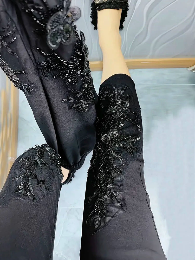 European Heavy Industry sequin bead design fashioneight point cigarette tube pants women's elastic high waist slim casual pants