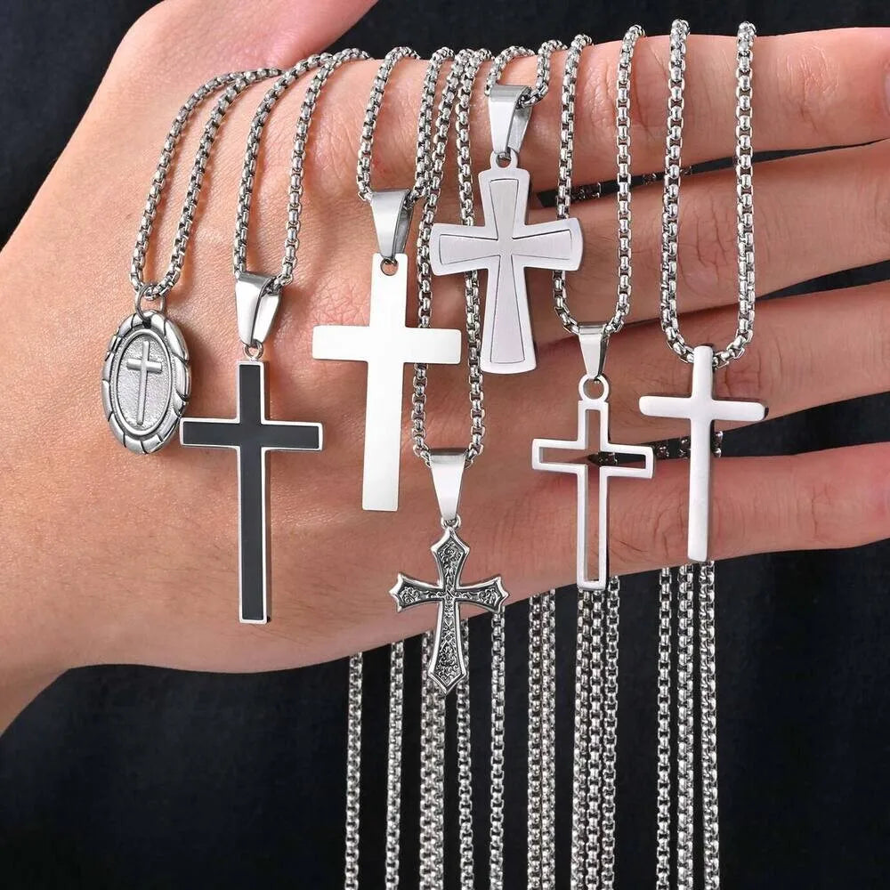 Stylish Men's Cross Necklace,Stainless Steel Silver Color Cross Pendant Necklace,Christian Religious Faith Easter Jewelry Gift