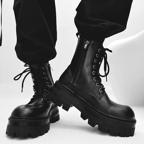 Men Boots Motorcycle Platform Leather Luxury Trainers High Heels Sneakers Lace Up Zip Autumn Black Shoes