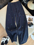 Design sense contrasting color embroidery casual pants women in winter elastic waist straight high waist wide leg pants