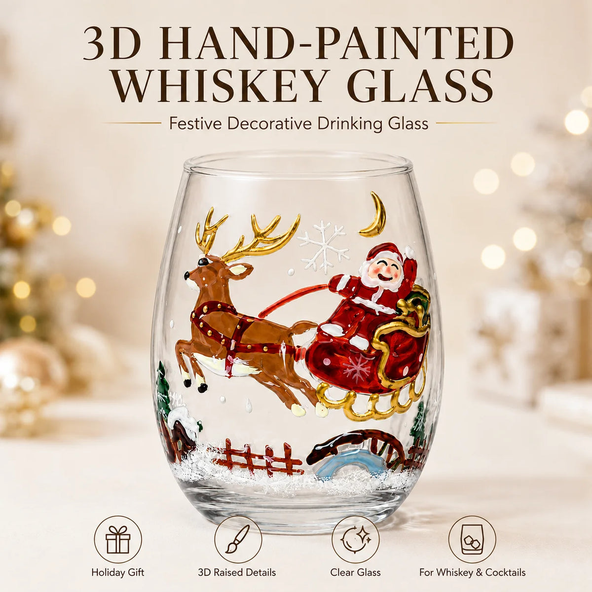 Hand Painted Christmas Whiskey Glass Santa Reindeer Snowman Tree Decorative Drinking Cup Holiday Party Barware