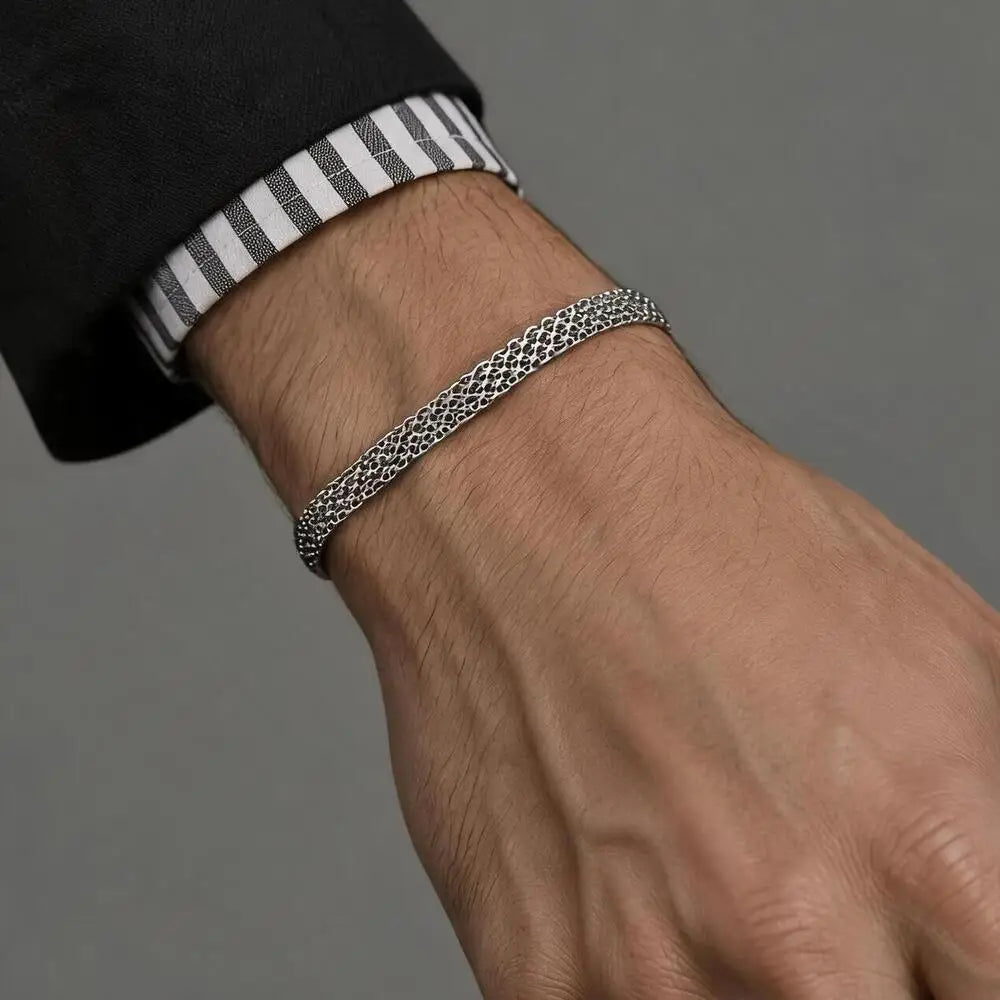 Trend Mesh Chain Bracelet for Men,Silver Color Adjustable Link Wristband,Hip Hop Punk Jewelry Gift