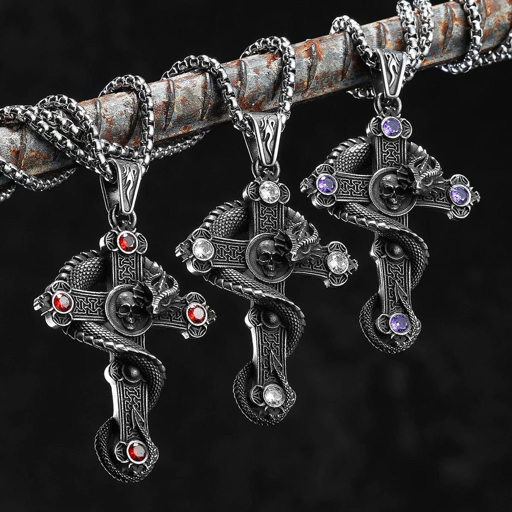 PENDRA Skull Dragon Cross Steel Necklace