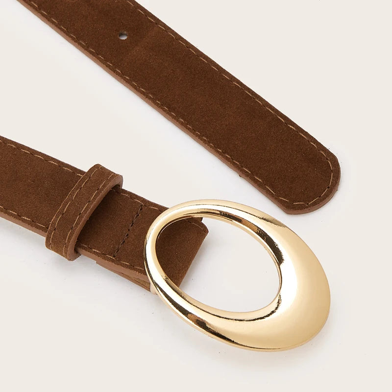 Simple Fashion Oval Golden Buckle Suede Leather Belt 2.8cm Width Women Belt For Jeans Luxury Designer Dress Coat Brown Waistband