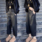 Autumn and Winter New Nine Cropped Leather Pants Women High Waist Slimming Double Waist Belt with Velvet Wide Leg Pants