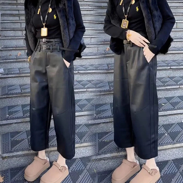 Autumn and Winter New Nine Cropped Leather Pants Women High Waist Slimming Double Waist Belt with Velvet Wide Leg Pants