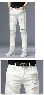 Spring Summer White Hot Drill Ripped Cowboy Korean Style Streetwear Men Washed Luxury Holes Slim Hip-hop Stylish Jeans Trousers