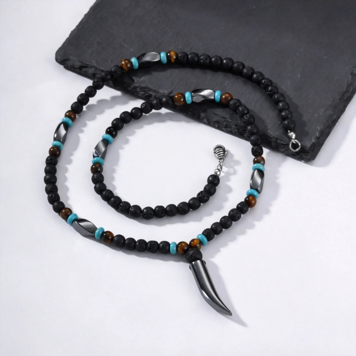 Punk Natural Stone Wolf's Tooth Necklace for Men,Healing Tiger Eye Hematite Pendant Necklace,Vintage Ethnic Jewelry