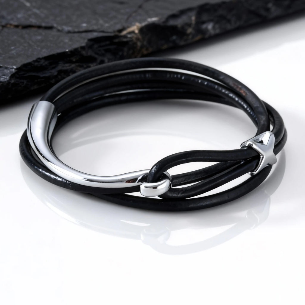 Multilayer Leather Bracelet for Men,Trendy Complicated Stacking Fish Hook Wristband,Rock Punk Jewelry Gift