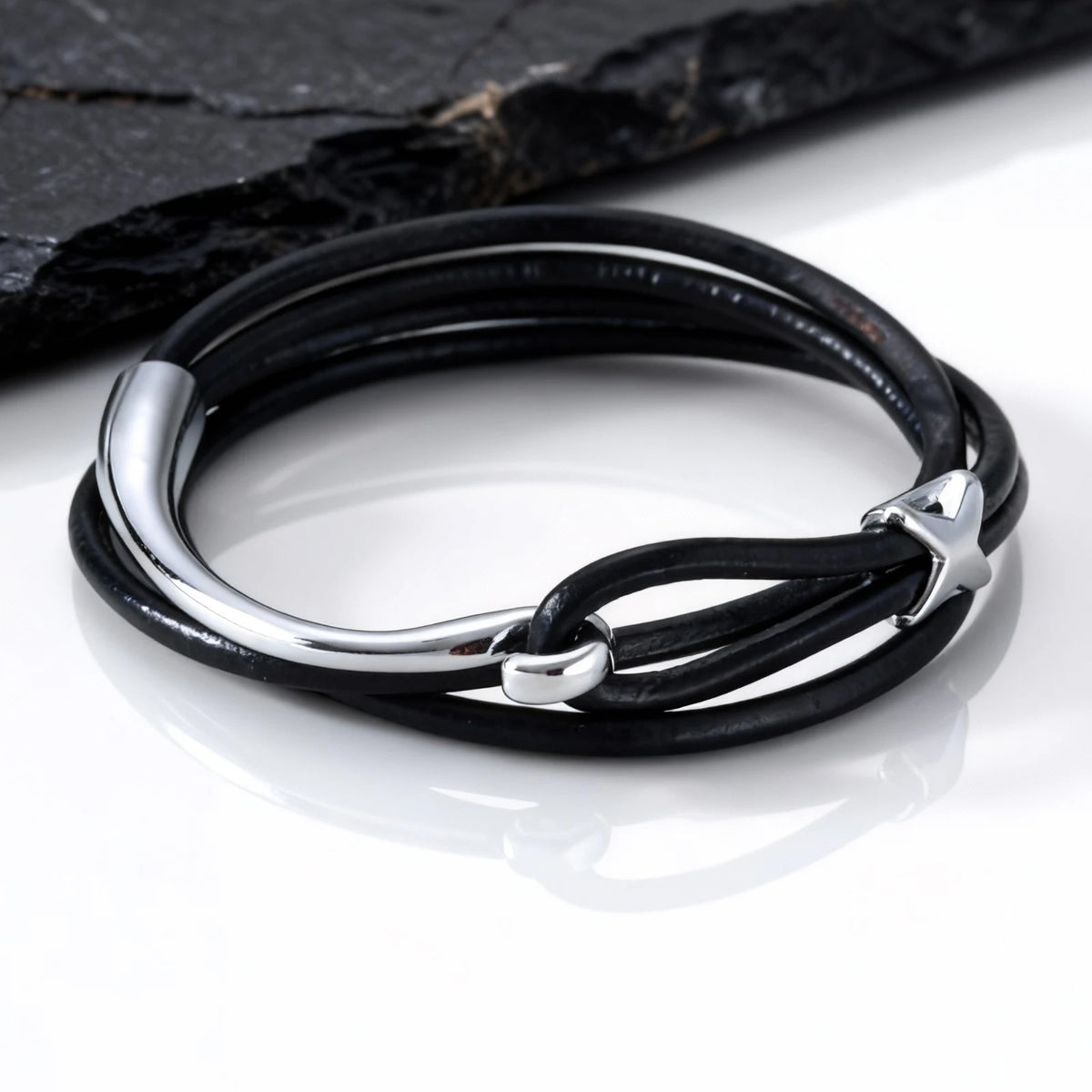 Multilayer Leather Bracelet for Men,Trendy Complicated Stacking Fish Hook Wristband,Rock Punk Jewelry Gift