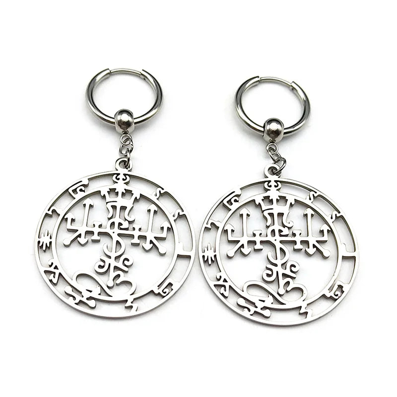 Gothic Symbol of Satan Hoop Earrings for Women Stainless Steel Silver Color Solomon Demon Seal Dangle Earring Jewelry E3592S06
