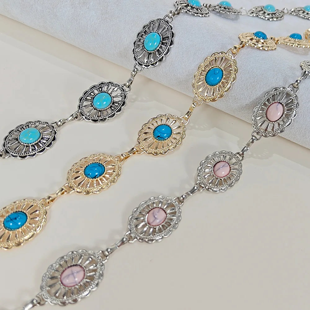 Silver Bohemian Female Metal waist chain Belt luxury Blue Gemstone Ellipse Designer Belts for Women Long Waistband Punk