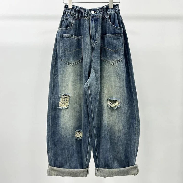 PENDRA Ripped Loose Dad Personality Elastic Waisted Versatile Carrot Pants