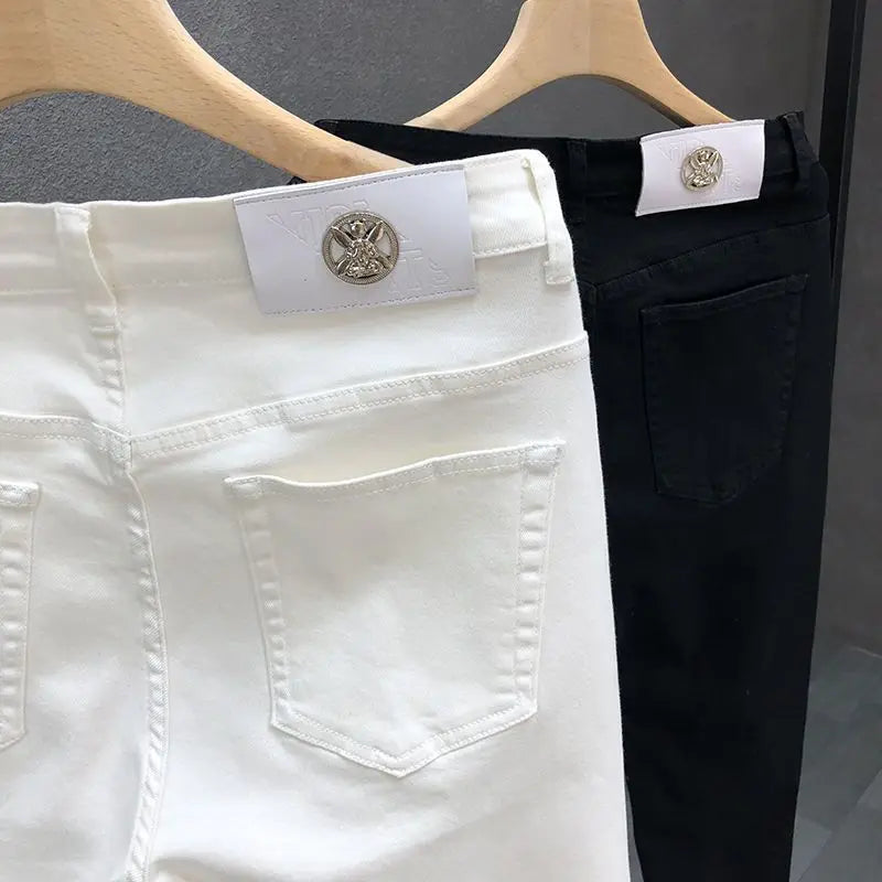 High-Quality Korean Street Men's Slim Jeans for Spring and Autumn with Denim Fabric and Casual Solid White Black Punk Trousers