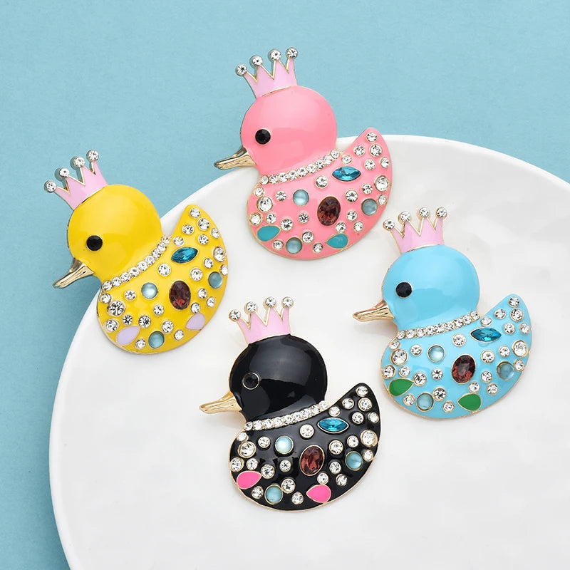 PENDRA Crown Duck Enamel Rhinestone Brooch