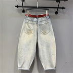 High Waisted Jeans 2023 Spring and Summer New Heavy Embroidery Hot Diamond Printed Loose Washed-out Elastic Waist Jeans Women