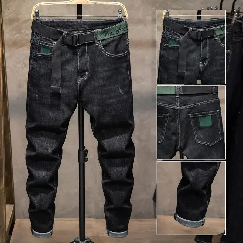 Winter Pants Brushed Denim Fabric Korean Style Clothes Luxury Street Men's Boots Cut Stretch Slim Plush Wool Thicken Jeans Pants