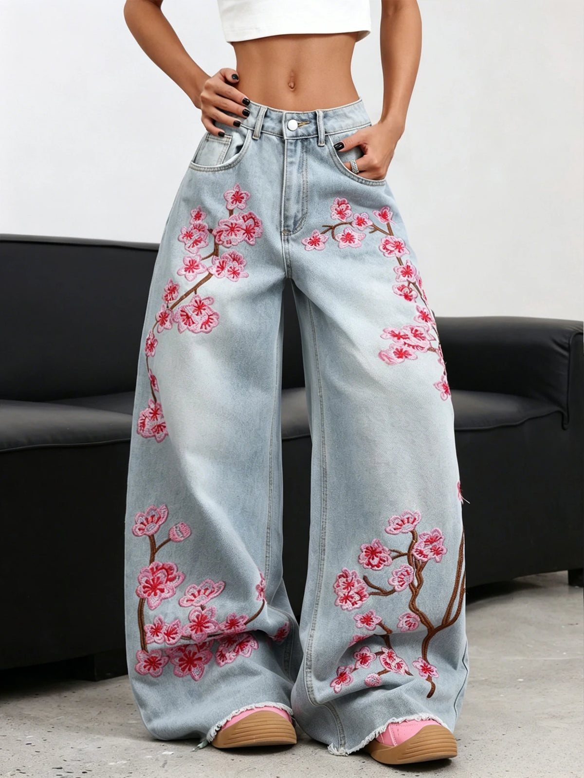 American Retro Plum Blossom Embroidery Design Blue Women's Loose Wide-Leg Jeans Y2K Street Fashion Versatile Straight Trousers