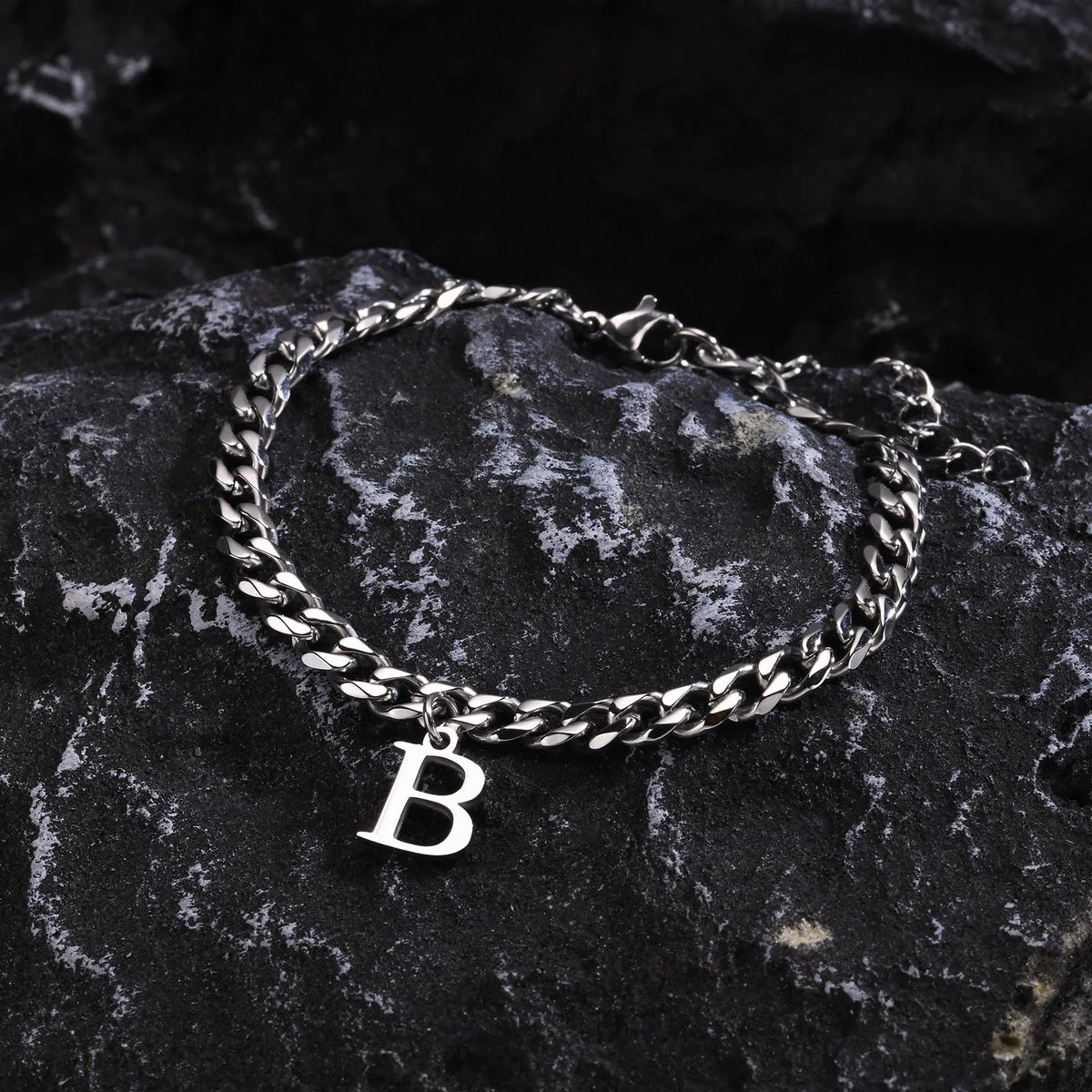 Mens Initials Cuban Links Bracelets,Stainless Steel A-Z 26 Letters Alphabet Charm Chain Wristband Adjustable,Casual Jewelry Gift