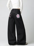 Women's Vintage American-Style Pocket Embroidered Print Loose High-Waist Wide-Leg Jeans Y2K Street Trend Simple Comfortable Everyday Versatile Pants