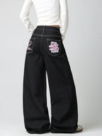 Women's Vintage American-Style Pocket Embroidered Print Loose High-Waist Wide-Leg Jeans Y2K Street Trend Simple Comfortable Everyday Versatile Pants