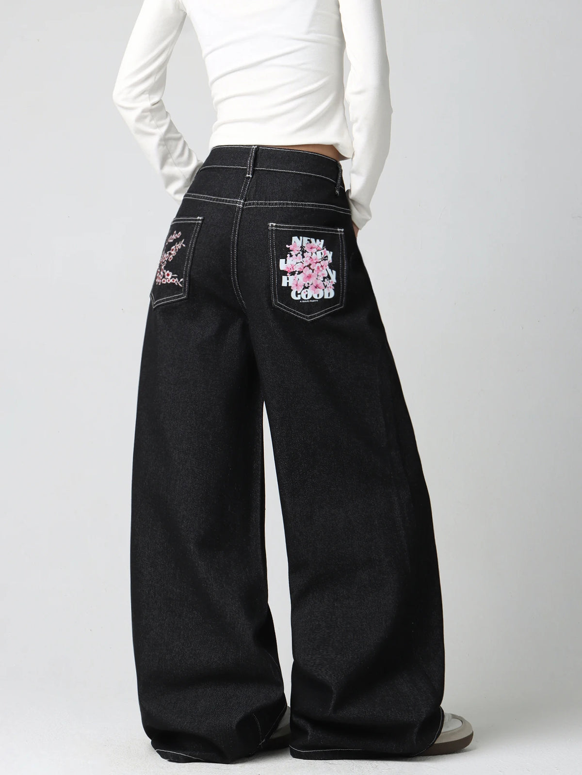 Women's Vintage American-Style Pocket Embroidered Print Loose High-Waist Wide-Leg Jeans Y2K Street Trend Simple Comfortable Everyday Versatile Pants