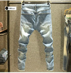 2025 Summer Ripped Jeans Men's Slim-fitting Small Feet Elastic Trousers Trendy Brand Fashion Scratched Patch Cargo Beggar Pants