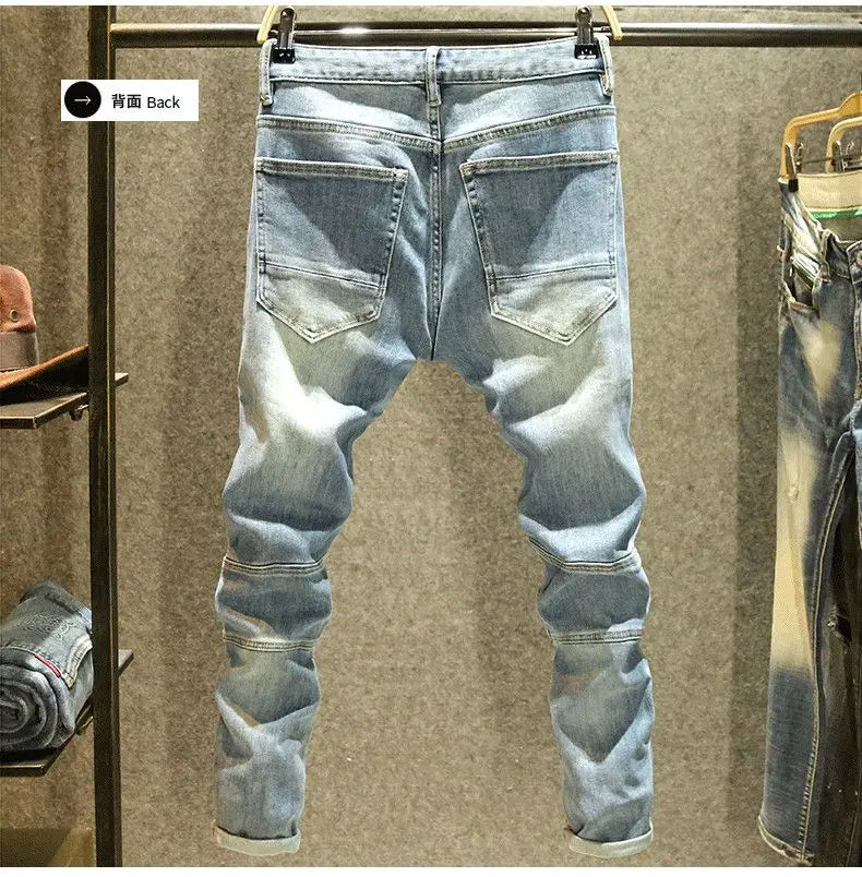 2025 Summer Ripped Jeans Men's Slim-fitting Small Feet Elastic Trousers Trendy Brand Fashion Scratched Patch Cargo Beggar Pants