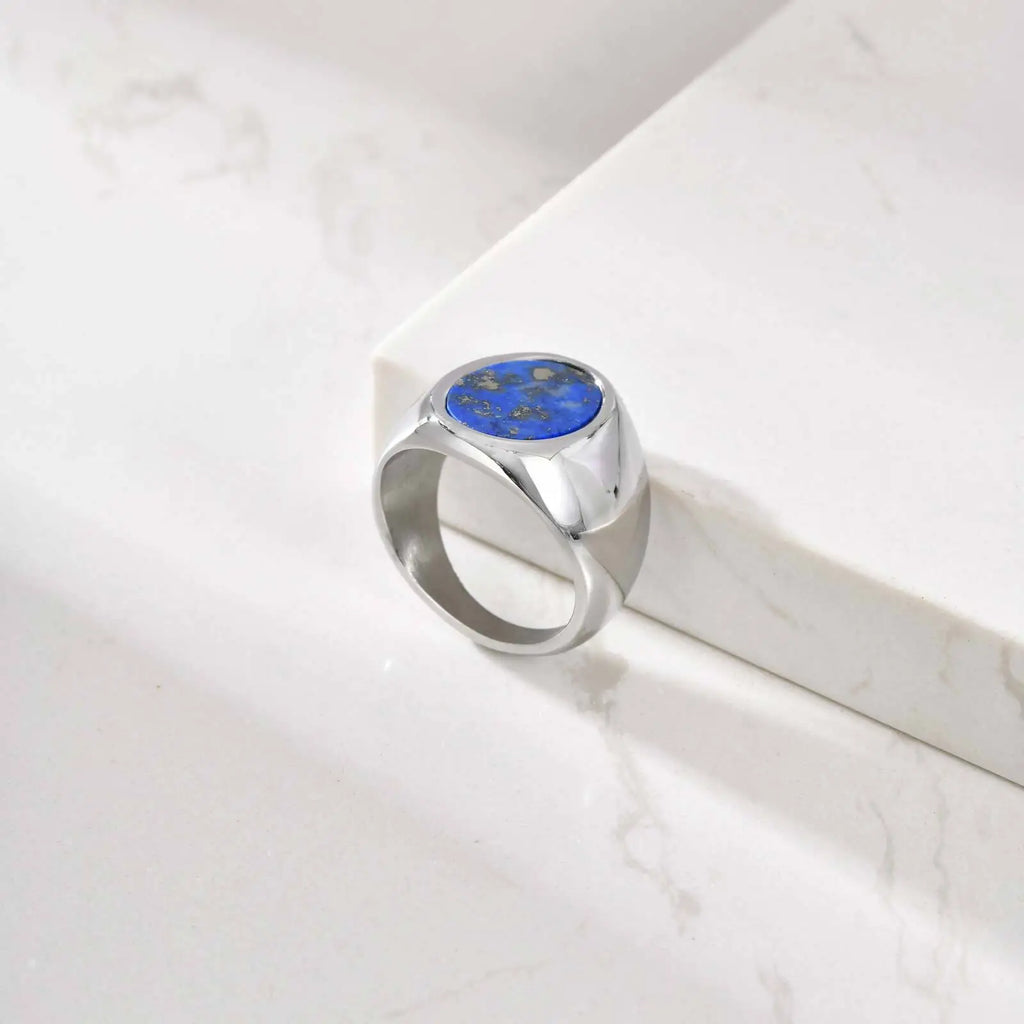 Blue Natural Stone Oval Ring for Men,Lapis Lazuli Stainless Steel Waterproof Ring,Cool Hip Hop Jewelry Gift
