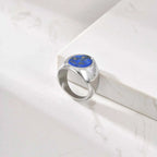 Blue Natural Stone Oval Ring for Men,Lapis Lazuli Stainless Steel Waterproof Ring,Cool Hip Hop Jewelry Gift