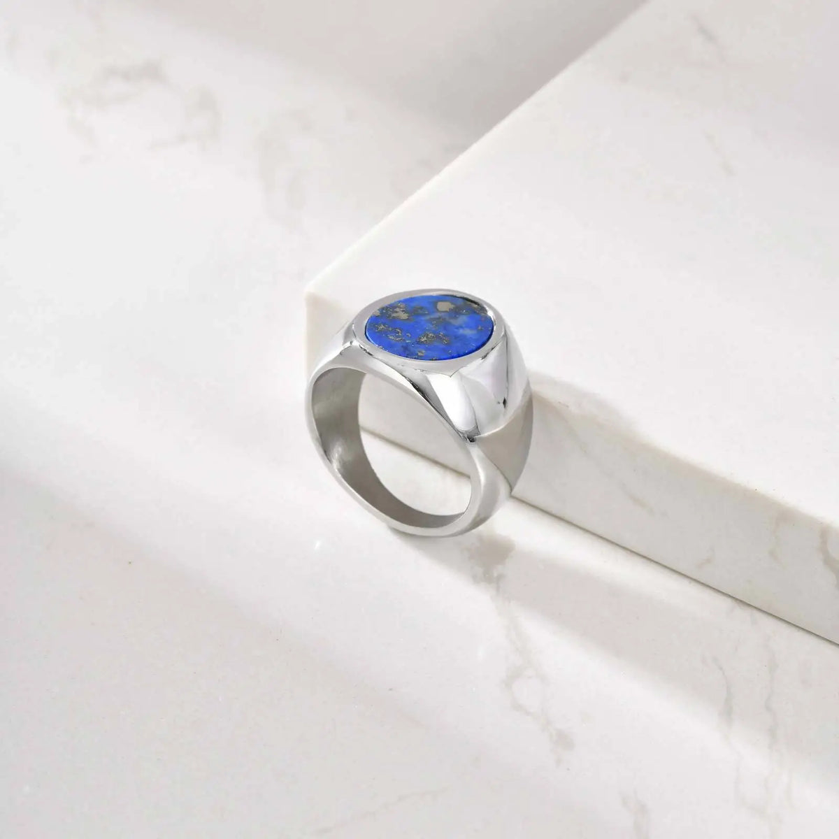 Blue Natural Stone Oval Ring for Men,Lapis Lazuli Stainless Steel Waterproof Ring,Cool Hip Hop Jewelry Gift