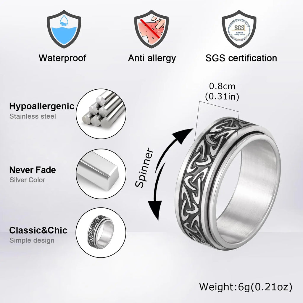 Viking Celtic Knot Rune Ring for Men,Stainless Steel Worry Stress Relief Knuckle Rotating Ring,Vintage Jewelry Gift