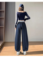 American style sports pants women in autumn and winter 2025 new style thick drawstring color blocking wide leg pants