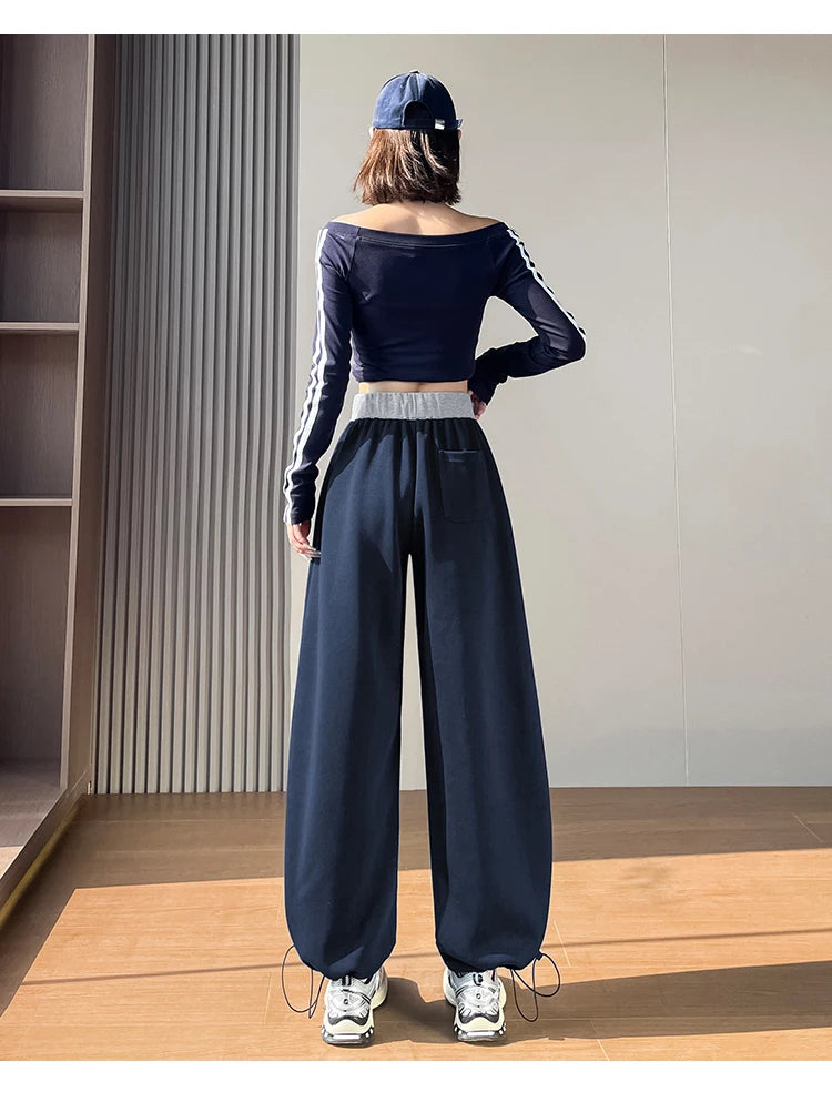 American style sports pants women in autumn and winter 2025 new style thick drawstring color blocking wide leg pants
