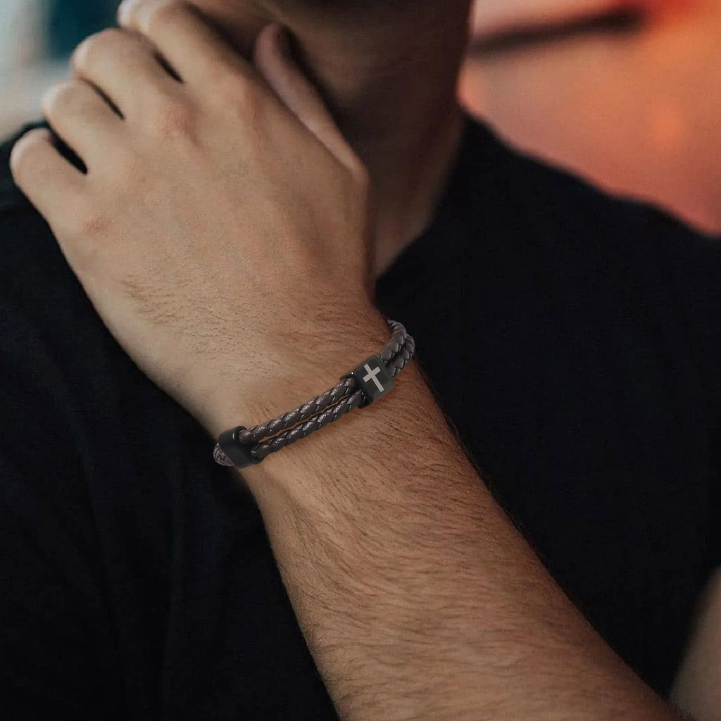 Mens Microfiber Leather Bracelet,Black Adjustable Cross Symbol Rope Wristband,Religious Faith Christ Gift Jewelry