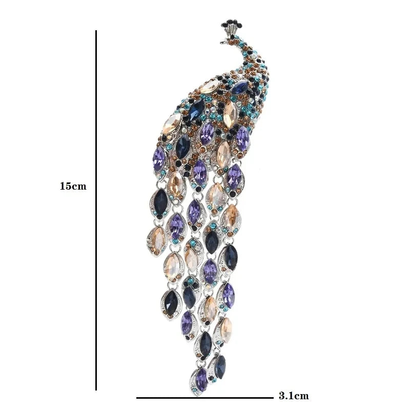 PENDRA Crystal Tassel Peacock Rhinestone Brooch