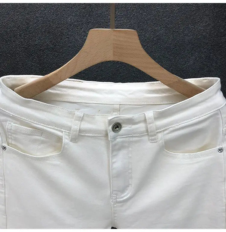 High-Quality Korean Street Men's Slim Jeans for Spring and Autumn with Denim Fabric and Casual Solid White Black Punk Trousers