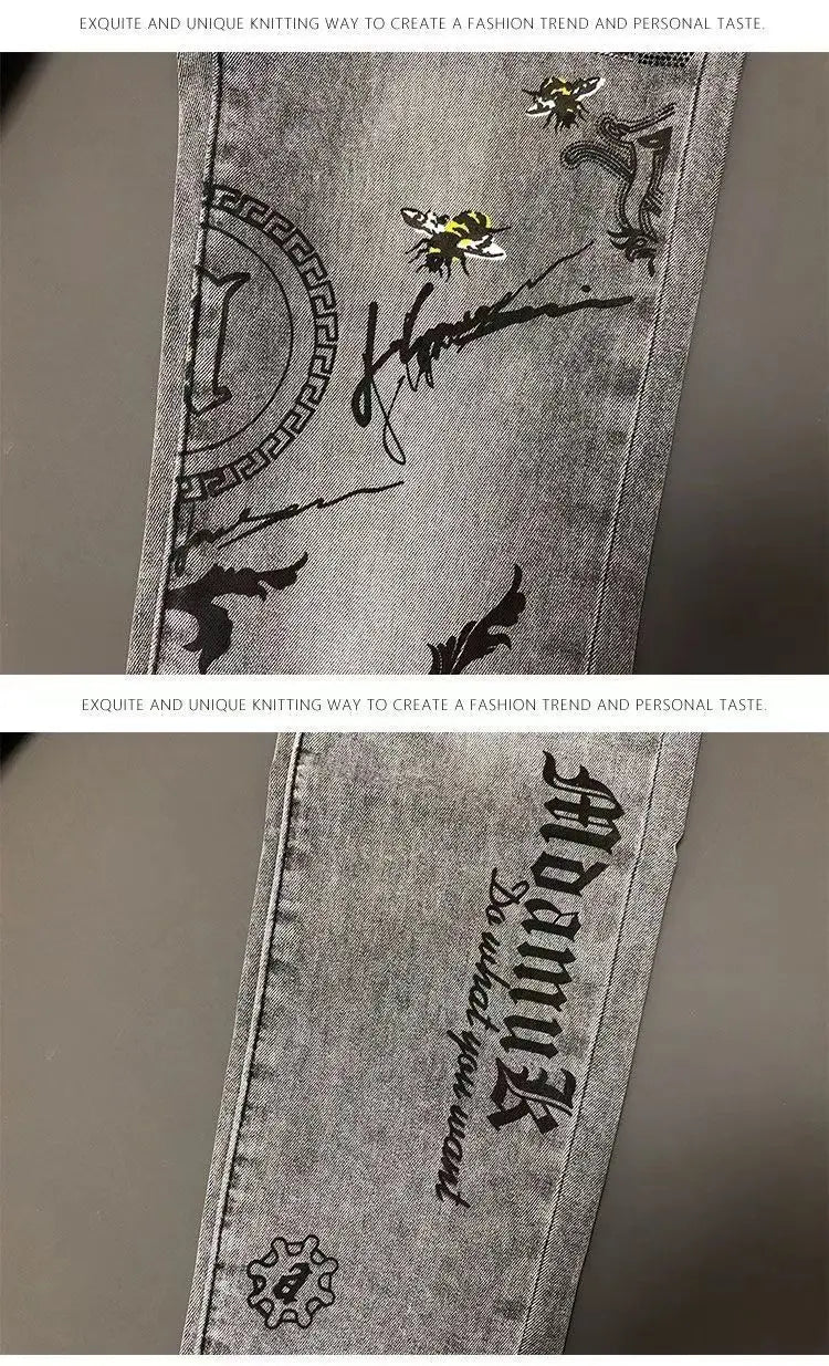 High-end Hot Diamond Jeans Men's Spring and Autumn Tide Brand Slim-fitting Small Feet Tiger Print Gray Casual Men Trousers Man
