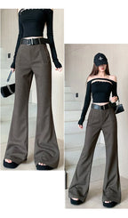 Retro solid color pants women autumn and winter high waisted casual and fashion versatile floor length flared trousers