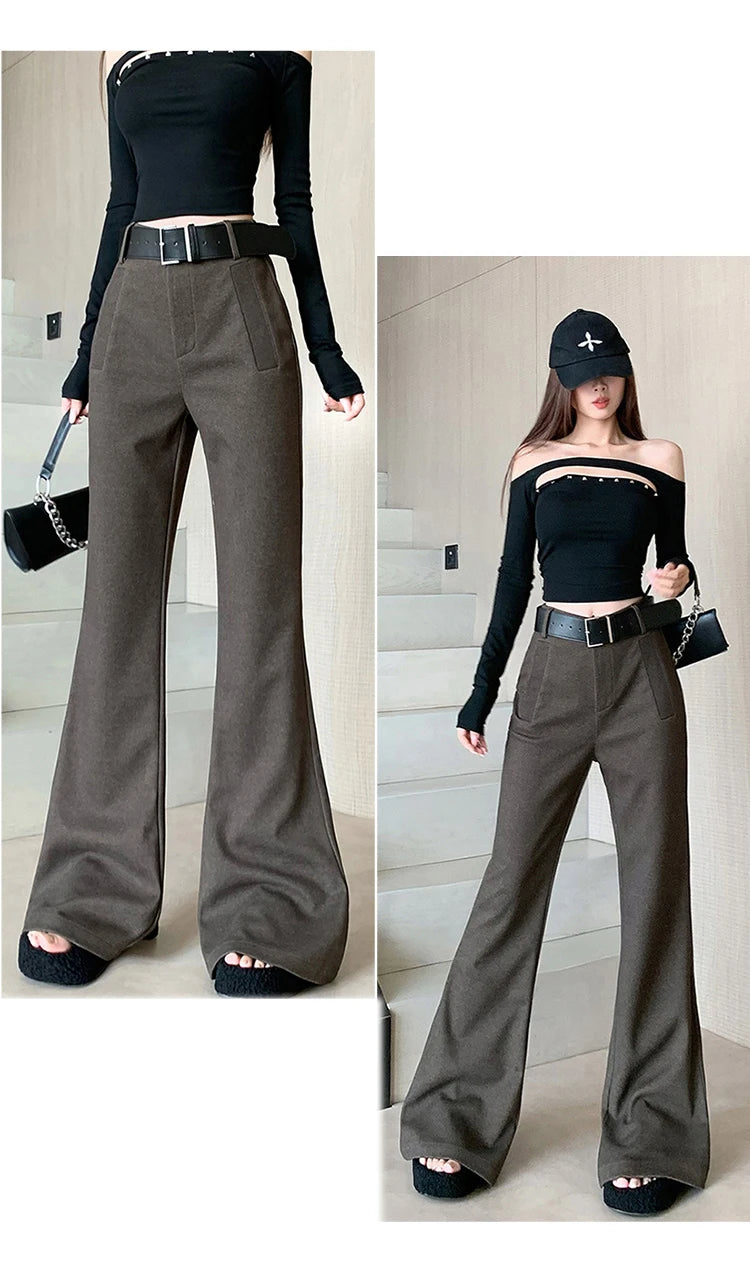 Retro solid color pants women autumn and winter high waisted casual and fashion versatile floor length flared trousers