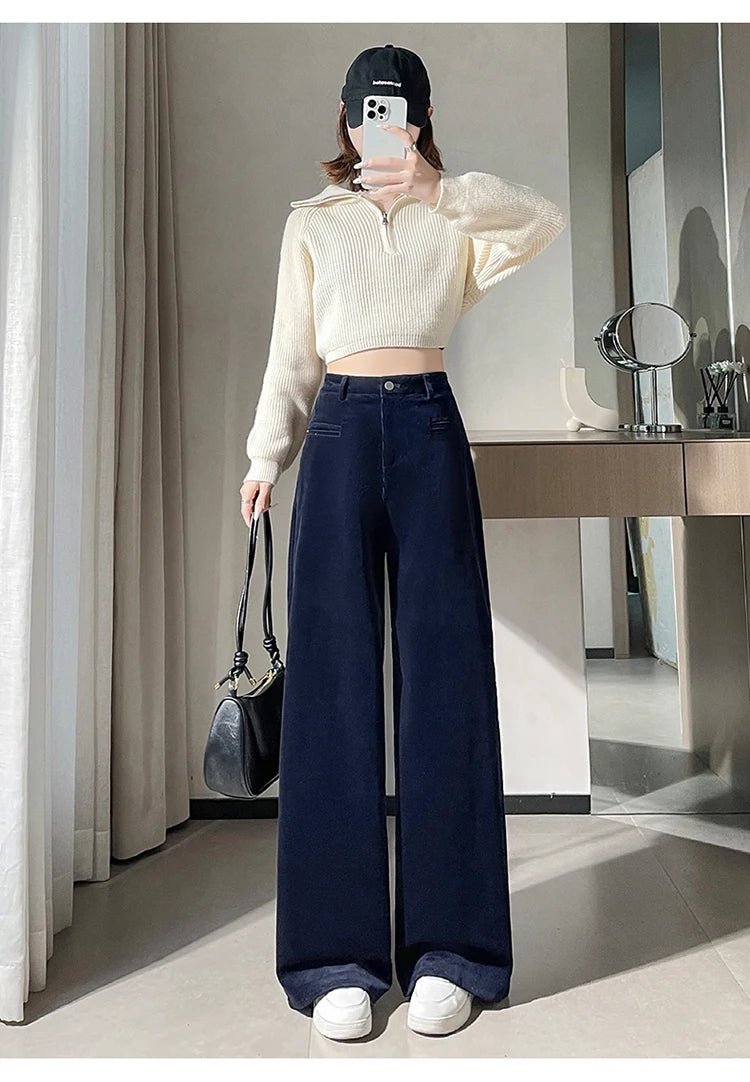 Corduroy suit wide leg pants women in autumn and winter high waist lazy style thick velvet warmth and versatile pants