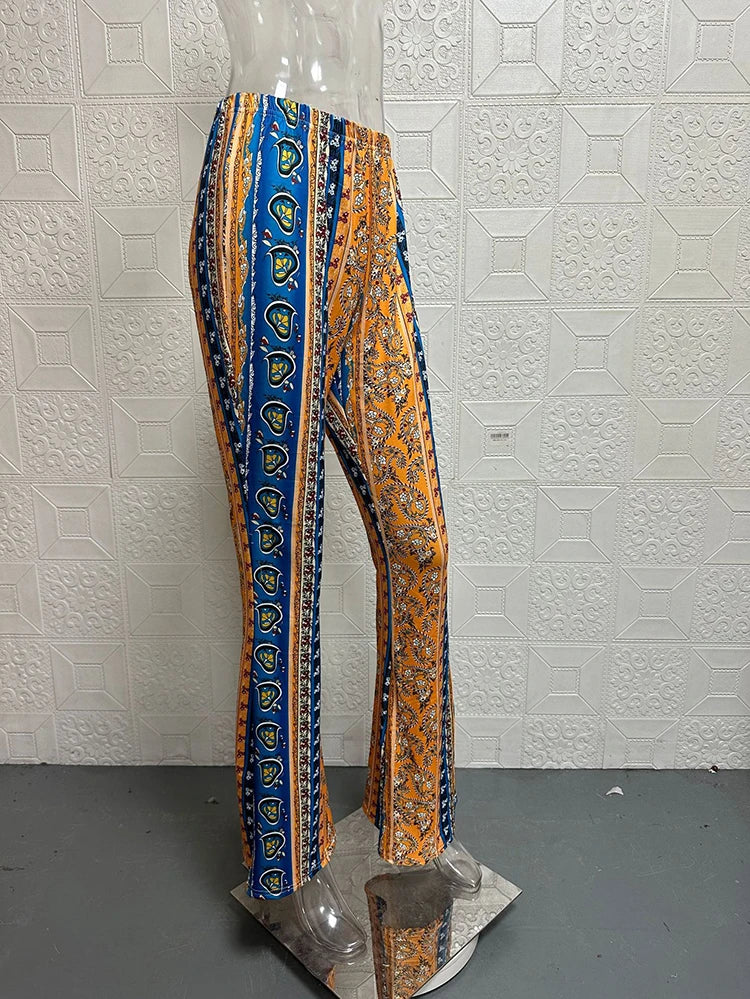 Vintage Boho Spring Floral Print Casual Pants Fashion new high elasticity tight fitting micro flared Yoga Joggers pants