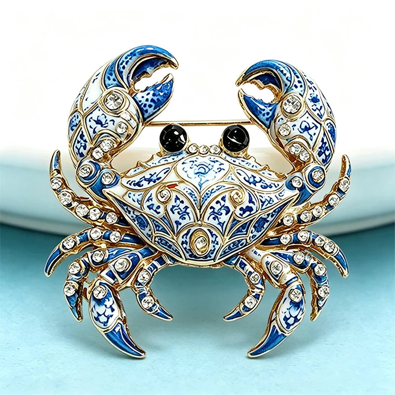 Wuli&baby Cute Crab Brooches For Women Unisex 2-color Blue and White Porcelain Cancer Zodiac Sign Animal Party Casual Brooch Pin