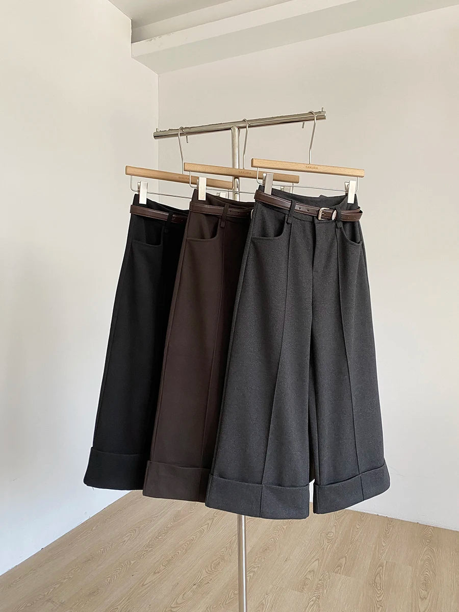 Retro design with rolled edge high waist casual pants 2025 autumn new slim fit and versatile wide leg pants for women