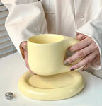 Creative chubby ceramic cup and saucer set, big handle design ins wind mug, macaron breakfast coffee