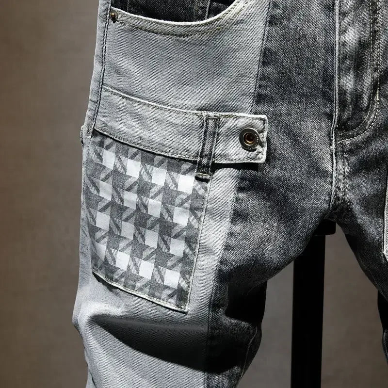 New Arrival High Quality KPOP Splicing Men's Designer Work Pants Jeans Grey Patchwork Korean Fashion Men Luxury Casual Pants