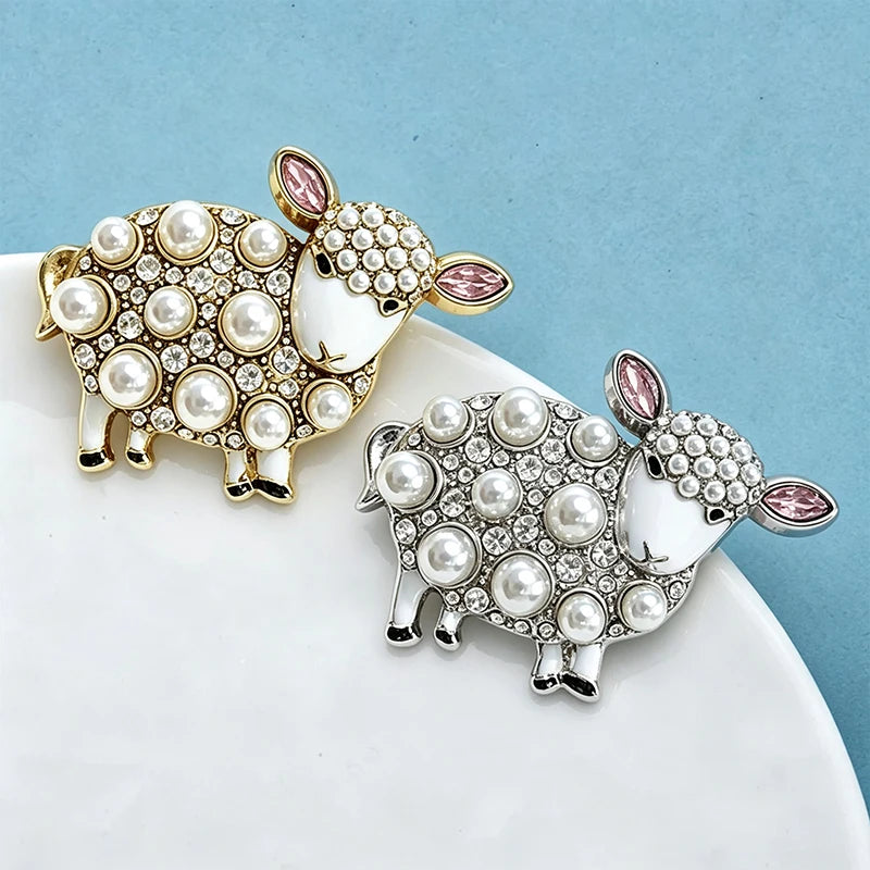 PENDRA Pearl Sheep Rhinestone Brooch